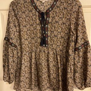 ALCHEMY THREAD S. Tan Paisley Peasant Blouse with Tassel Tie BOHO 36X28